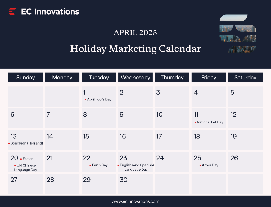 Holiday marketing calendar for April 2025, highlighting key dates and promotional opportunities for businesses.