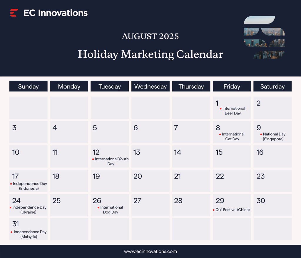 Holiday marketing calendar for August 2025, highlighting key dates and promotional opportunities for businesses.