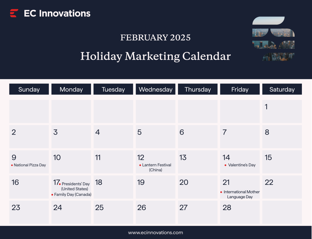 Holiday marketing calendar for February 2025, highlighting key dates and promotional opportunities for businesses.