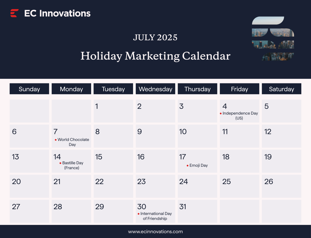 Holiday marketing calendar for July 2025, highlighting key dates and promotional opportunities for businesses.