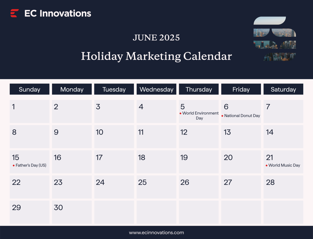 Holiday marketing calendar for June 2025, highlighting key dates and promotional opportunities for businesses.