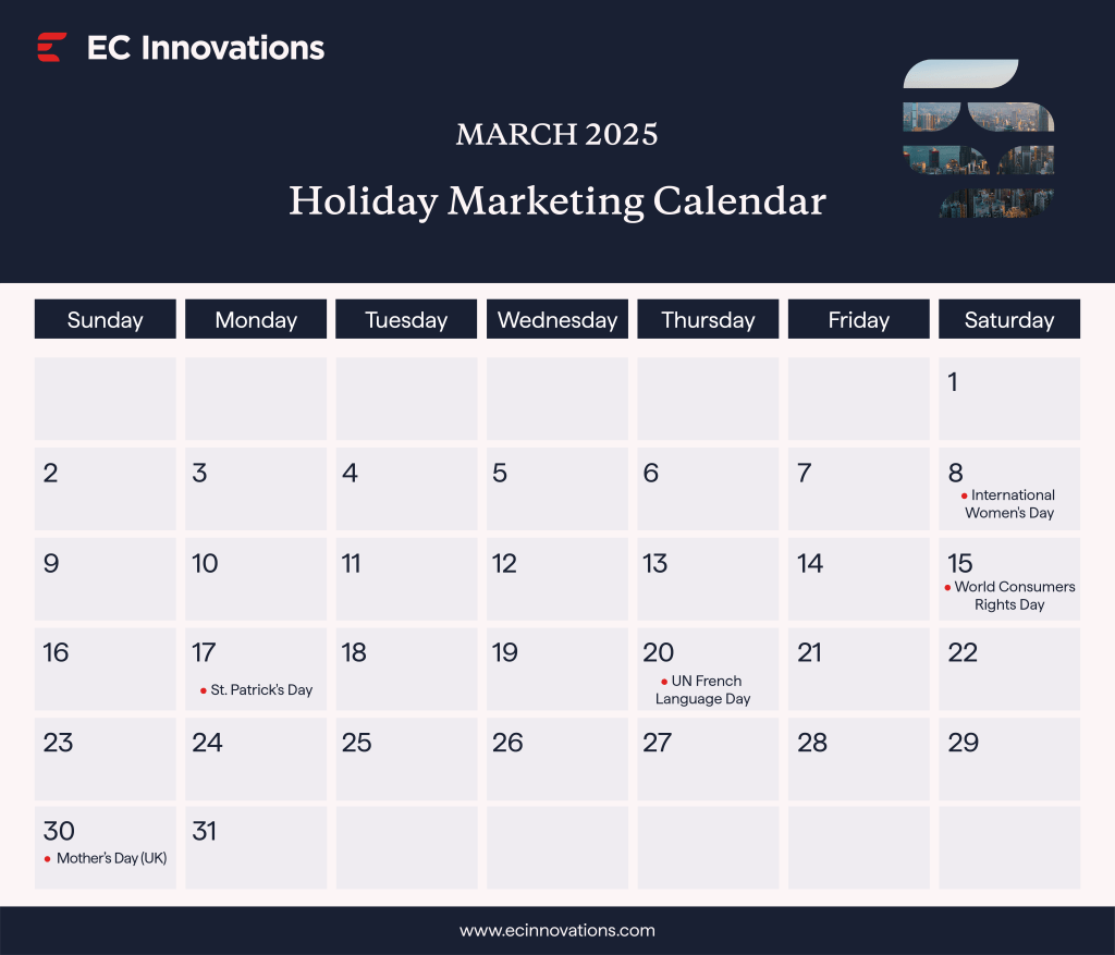 Holiday marketing calendar for March 2025, highlighting key dates and promotional opportunities for businesses.