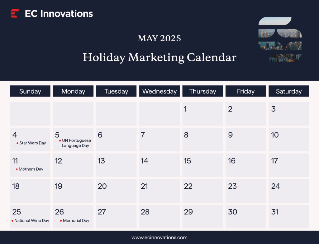 Holiday marketing calendar for May 2025, highlighting key dates and promotional opportunities for businesses.