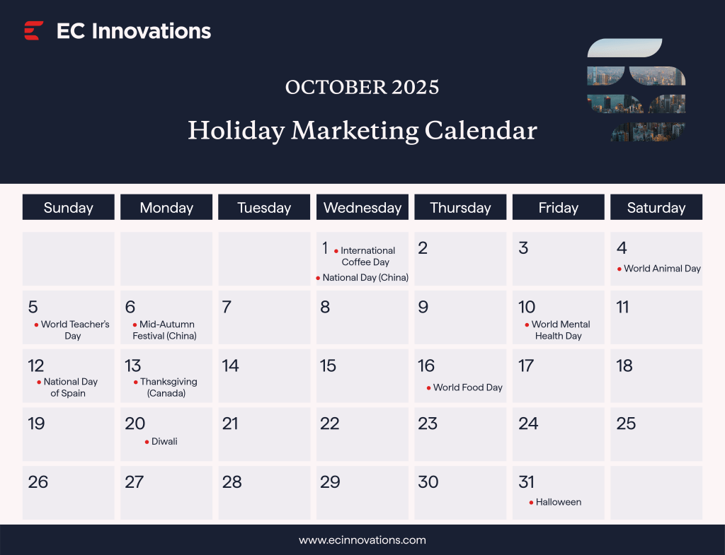 Holiday marketing calendar for October 2025, highlighting key dates and promotional opportunities for businesses.