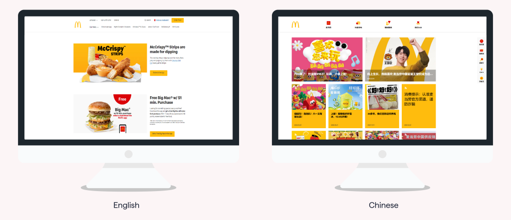 A side-by-side comparison of McDonald’s localized websites for English-speaking and Chinese-speaking audiences. The English version (left) displays a minimalist design with emphasis on product descriptions, straightforward promotional offers, and clean whitespace. In contrast, the Chinese version (right) is visually dense, using vibrant colors, culturally relevant graphics, and local celebrity endorsements to appeal to Chinese consumers.